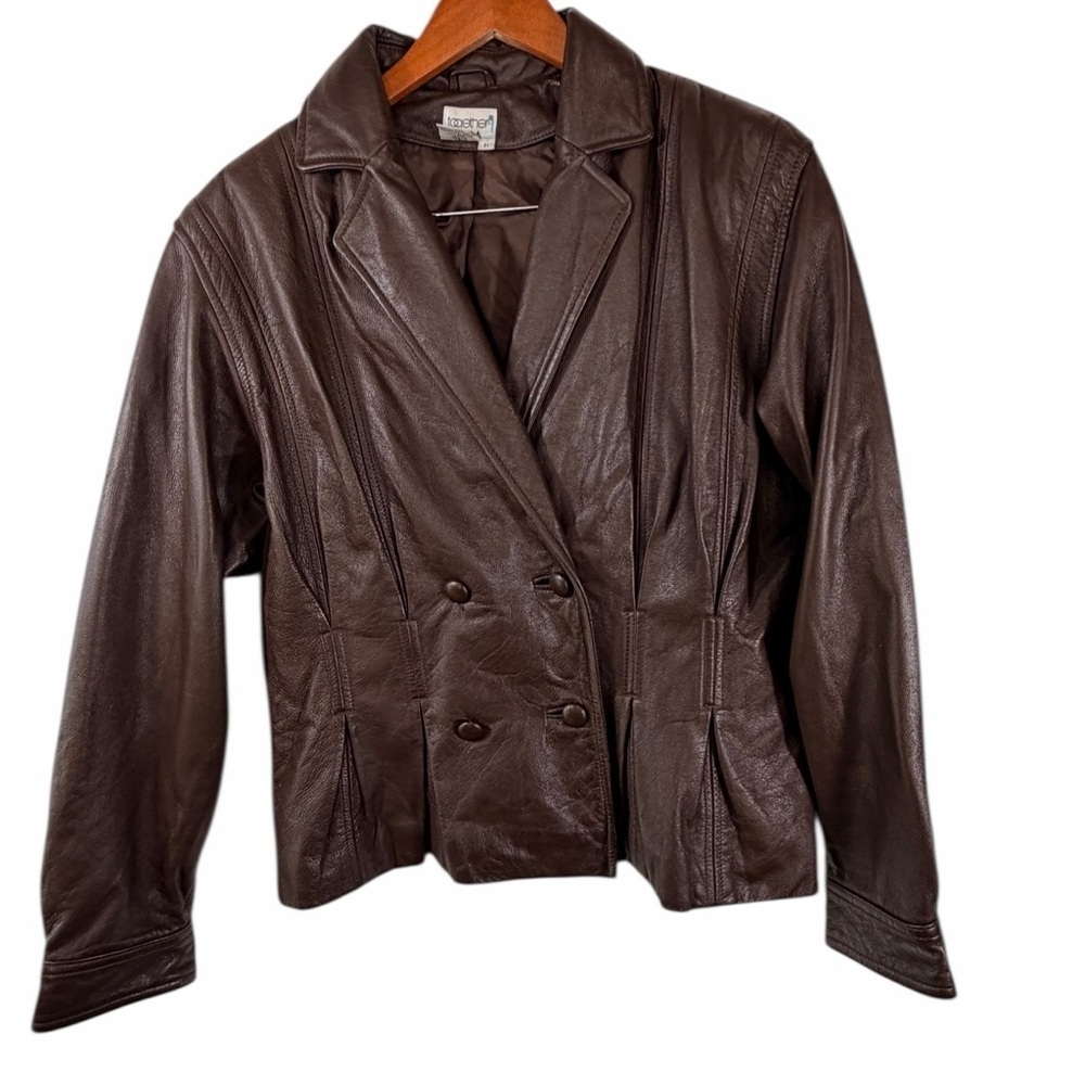 Together 9 Vintage Brown Genuine Leather Double Breasted Blazer Women’s Large - Picture 6 of 16